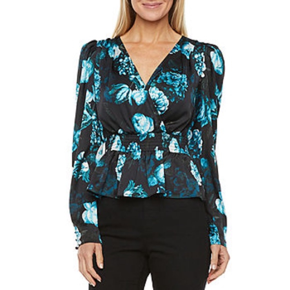 NEW RYEGRASS Women’s Blue and Black Floral Blouse 3X